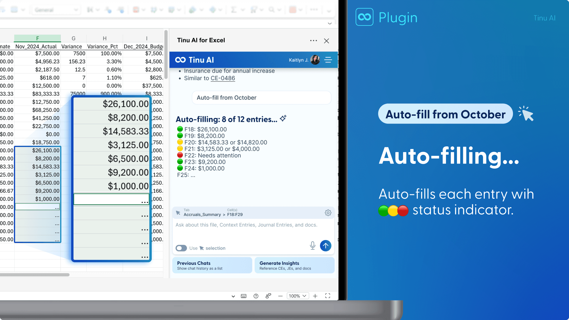 Tinu AI panel shows “Auto-filling: 8 of 12 entries…” with a status dot for each cell. F18, F19, F23 and F24 are green, F20 and F21 are yellow with two candidate values, F22 is red (“Needs attention”). The filled values appear in the spreadsheet. Caption: “Auto-fill from October. Auto-filling… Auto-fills each entry wih [green, yellow, red] status indicator.”