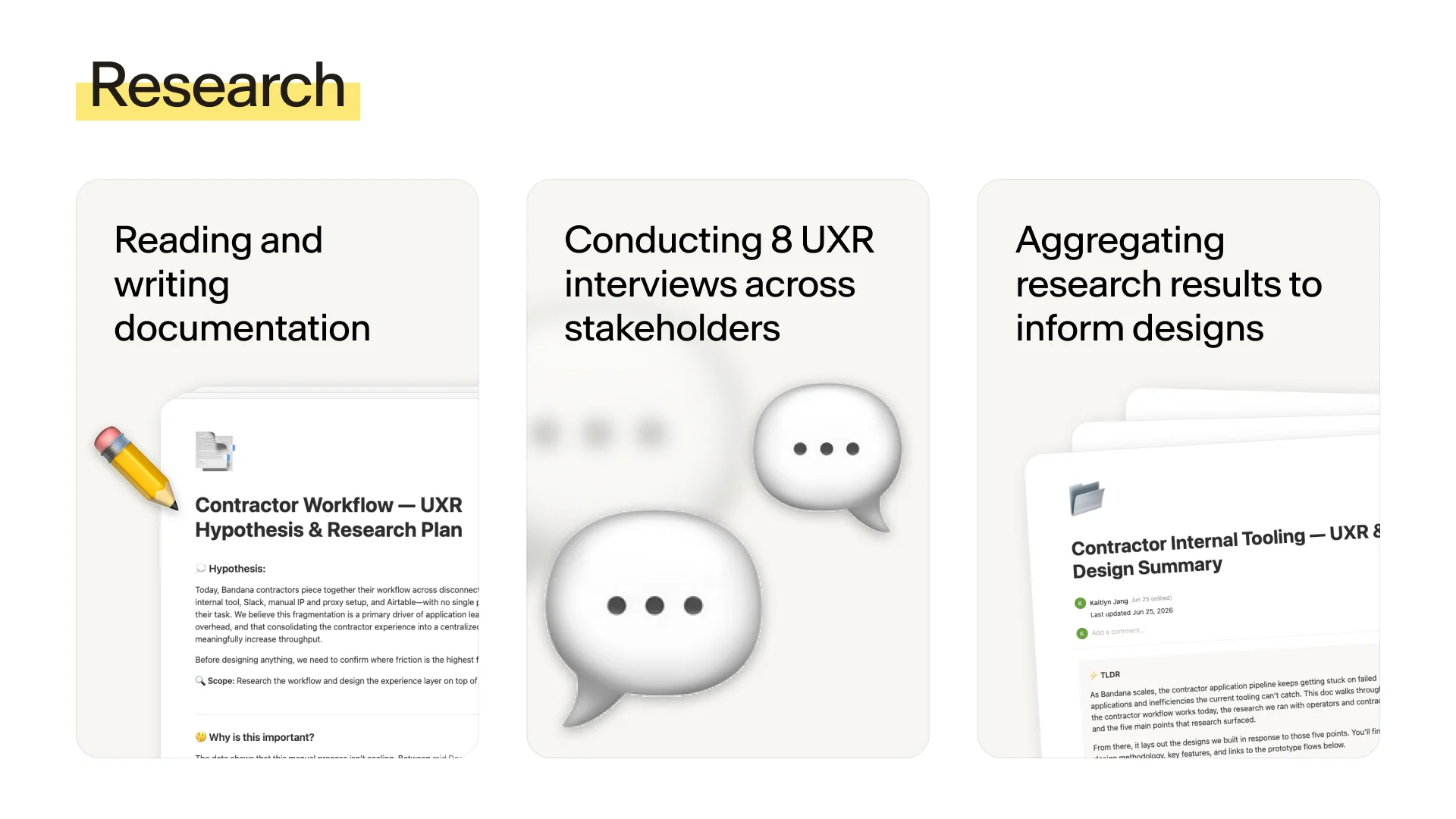 “Research” in three steps. Reading and writing documentation, with the “Contractor Workflow — UXR Hypothesis & Research Plan” doc. Conducting 8 UXR interviews across stakeholders, shown as speech bubbles. Aggregating research results to inform designs, with the “Contractor Internal Tooling — UXR & Design Summary” doc.