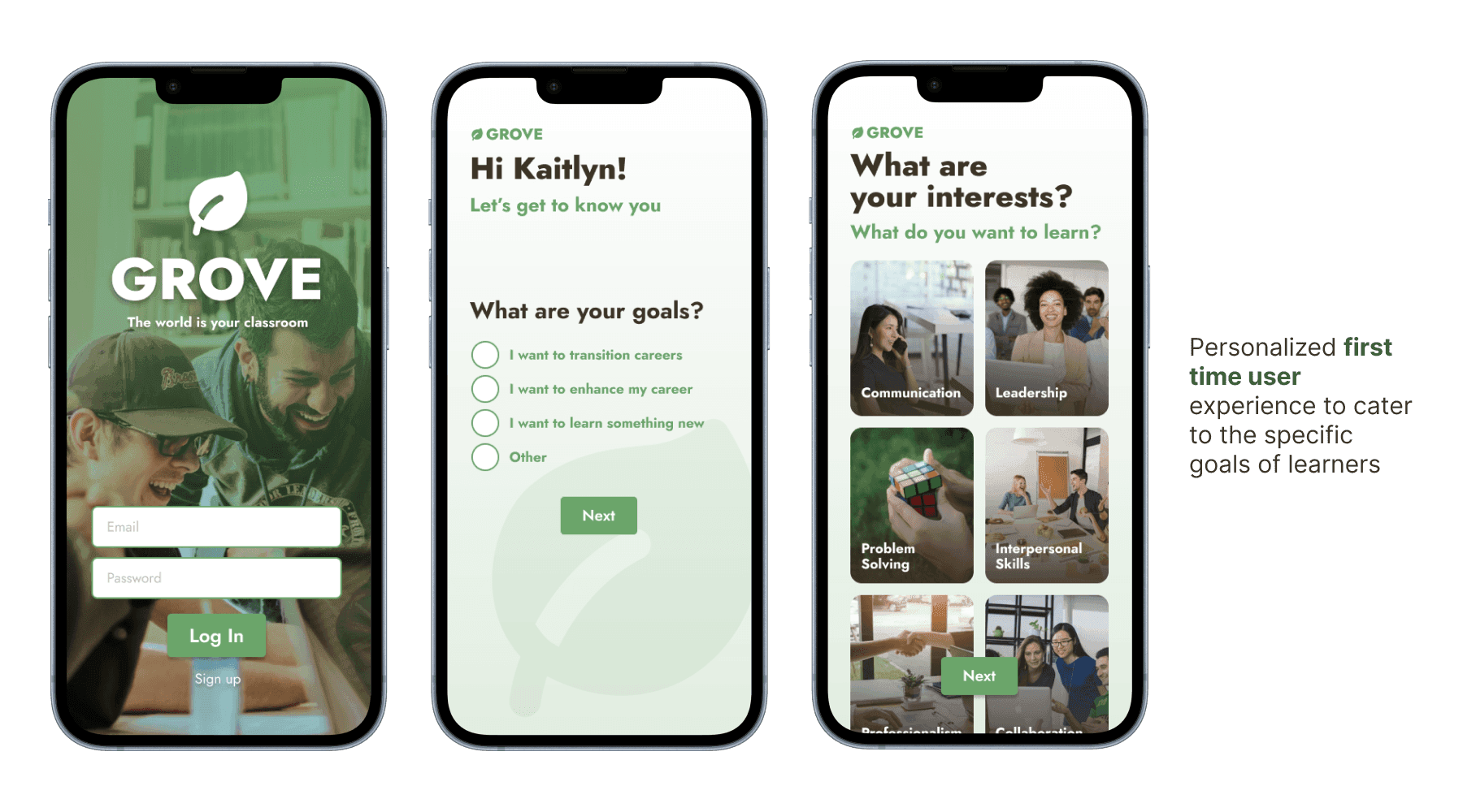 Three onboarding screens: the green sign-in screen, “Hi Kaitlyn! Let’s get to know you” asking “What are your goals?” with options such as “I want to transition careers”, and “What are your interests?” with photo tiles for Communication, Leadership, Problem Solving and Interpersonal Skills.