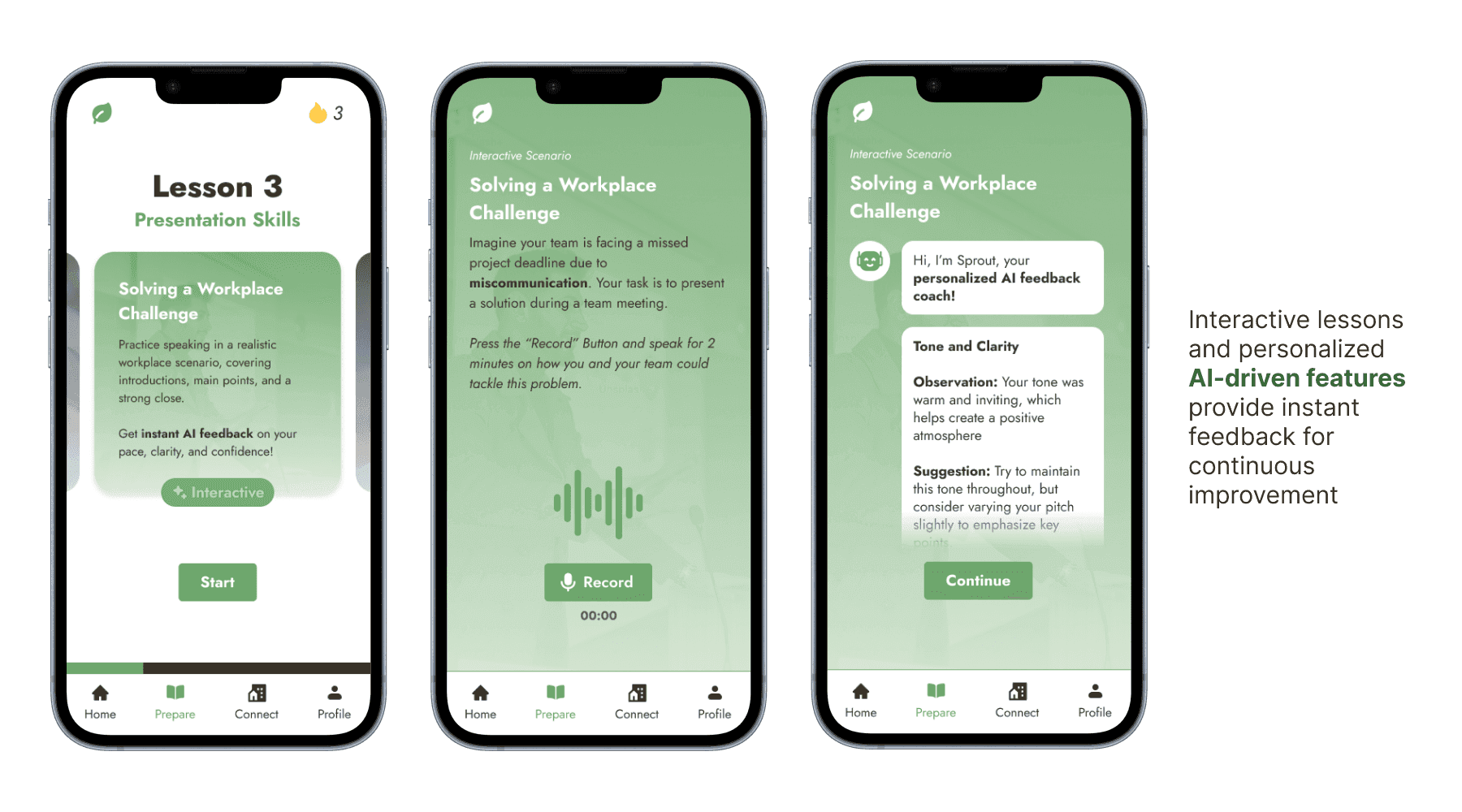 Three lesson screens. Lesson 3 of Presentation Skills introduces “Solving a Workplace Challenge”. The scenario asks the learner to record two minutes on how their team could fix a missed deadline caused by miscommunication. Sprout, an AI feedback coach, then responds with an observation and a suggestion on tone and clarity.