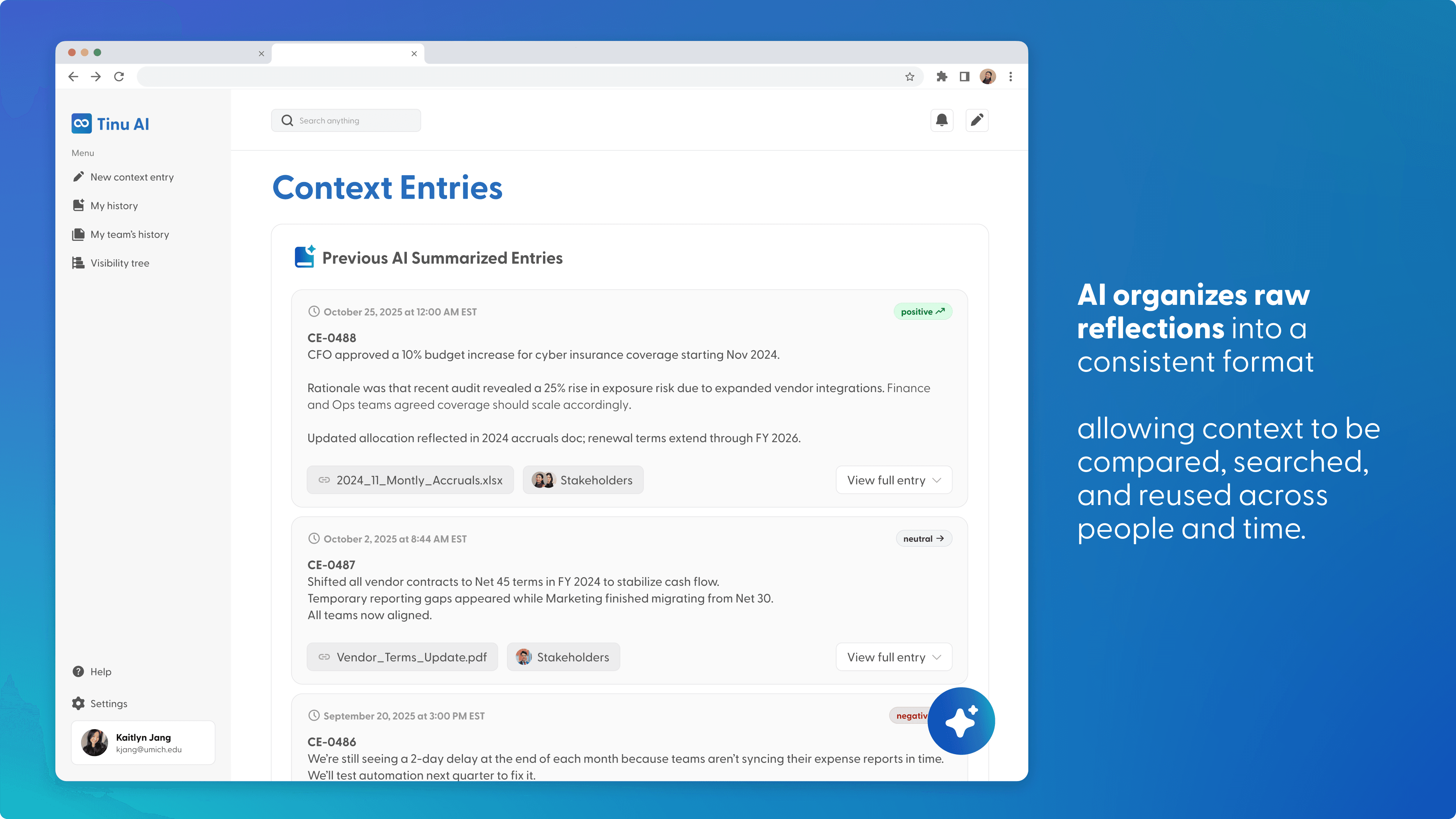 Tinu AI “Context Entries” page listing Previous AI Summarized Entries. Each entry has a date, an ID (CE-0488, CE-0487, CE-0486), a sentiment tag (positive, neutral, negative), a summary, linked files and stakeholders. Text beside it: “AI organizes raw reflections into a consistent format allowing context to be compared, searched, and reused across people and time.”