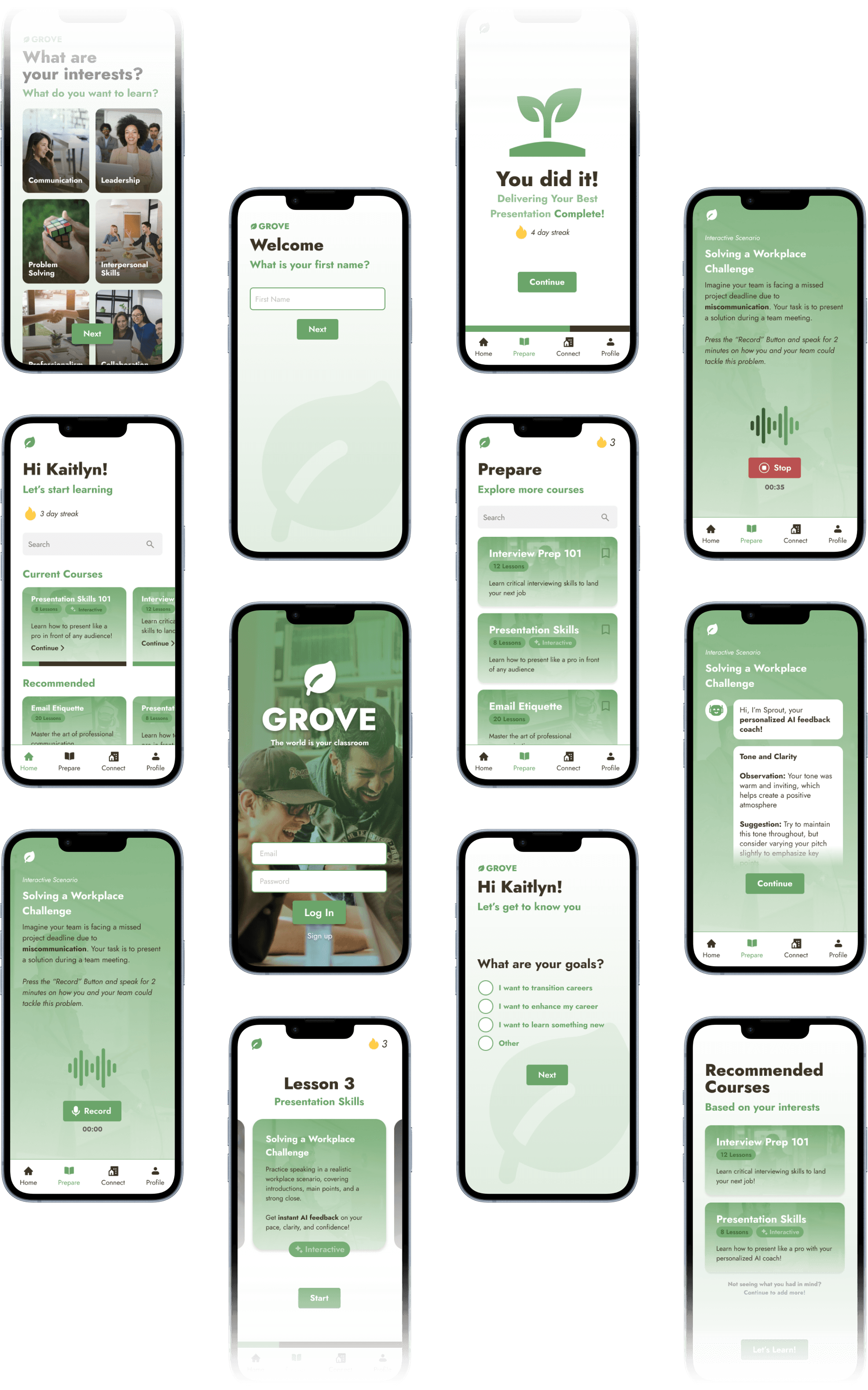A staggered grid of Grove’s high-fidelity screens in four columns: sign-in over a photo of two people laughing, a “What are your interests?” tile picker, a “Welcome, what is your first name?” prompt, “Hi Kaitlyn! What are your goals?” with options such as “I want to transition careers”, the Prepare course list, a Solving a Workplace Challenge recording screen, an AI feedback screen from Sprout with a tone and clarity observation, a “You did it!” completion screen with a sprout illustration and a 4-day streak, Lesson 3 Presentation Skills, and Recommended Courses. The top and bottom edges fade to transparent.